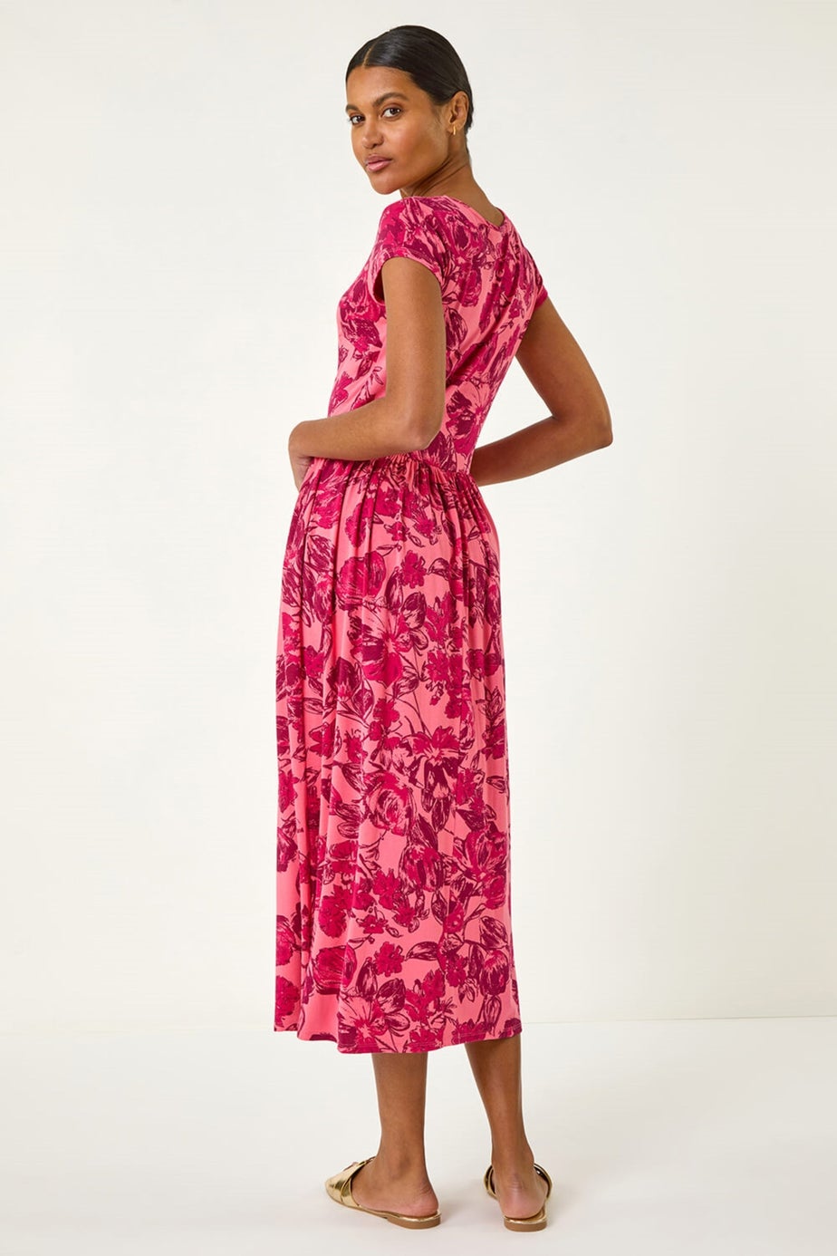 Roman Pink Floral Print Pocket Midi Dress