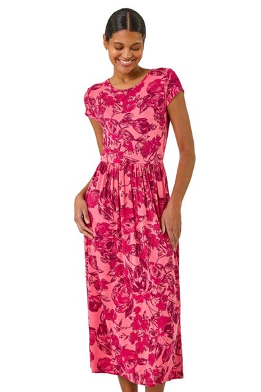Roman Pink Floral Print Pocket Midi Dress