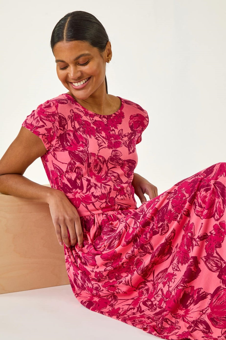 Roman Pink Floral Print Pocket Midi Dress