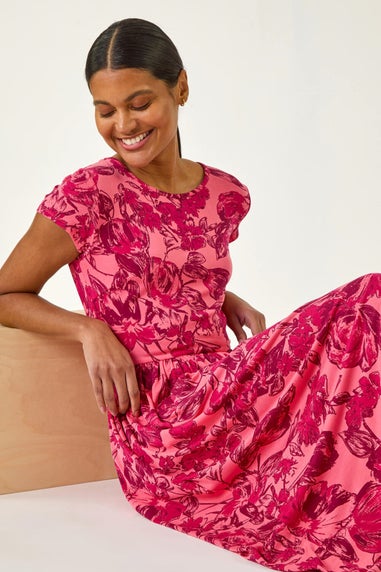 Roman Pink Floral Print Pocket Midi Dress