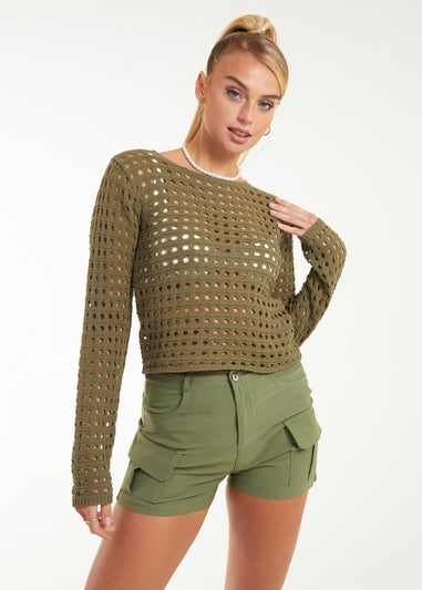 Pink Vanilla Khaki Long Sleeve Crochet Top