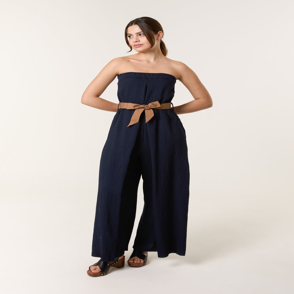 Blue Vanilla Navy Linen Belted Wide Bandeau Jumpsuit