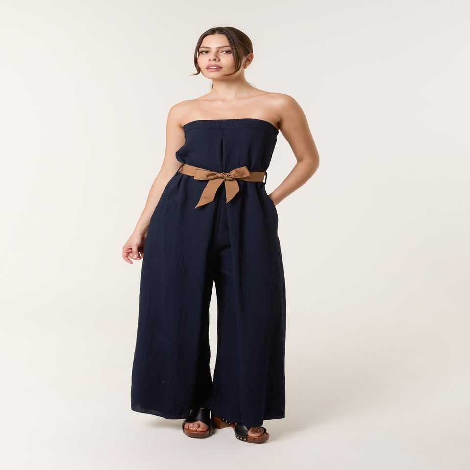 Blue Vanilla Navy Linen Belted Wide Bandeau Jumpsuit