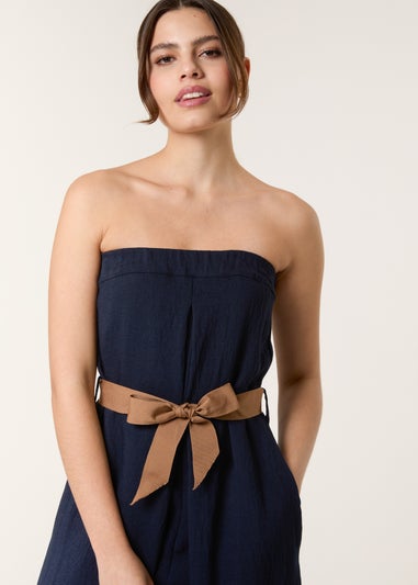 Blue Vanilla Navy Linen Belted Wide Bandeau Jumpsuit