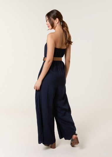 Blue Vanilla Navy Linen Belted Wide Bandeau Jumpsuit
