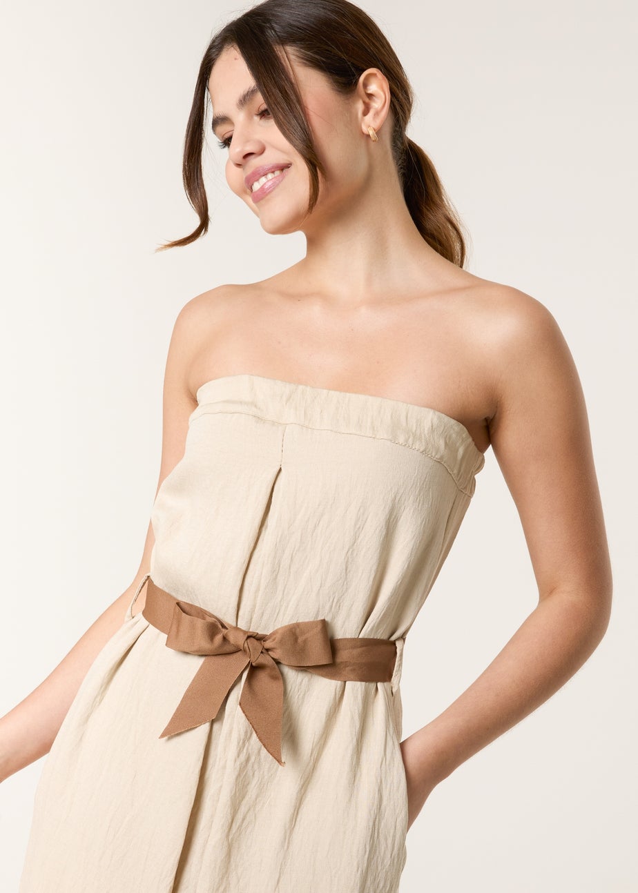 Blue Vanilla Beige Linen Belted Wide Bandeau Jumpsuit