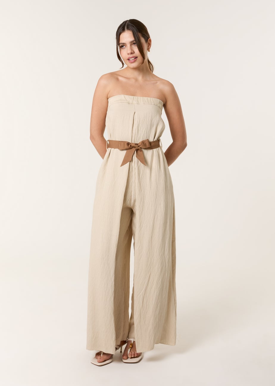 Blue Vanilla Beige Linen Belted Wide Bandeau Jumpsuit