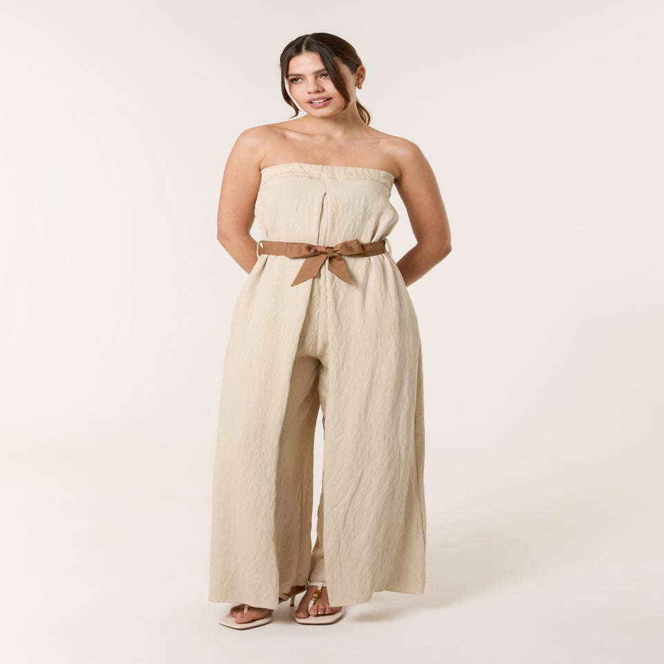 Blue Vanilla Beige Linen Belted Wide Bandeau Jumpsuit