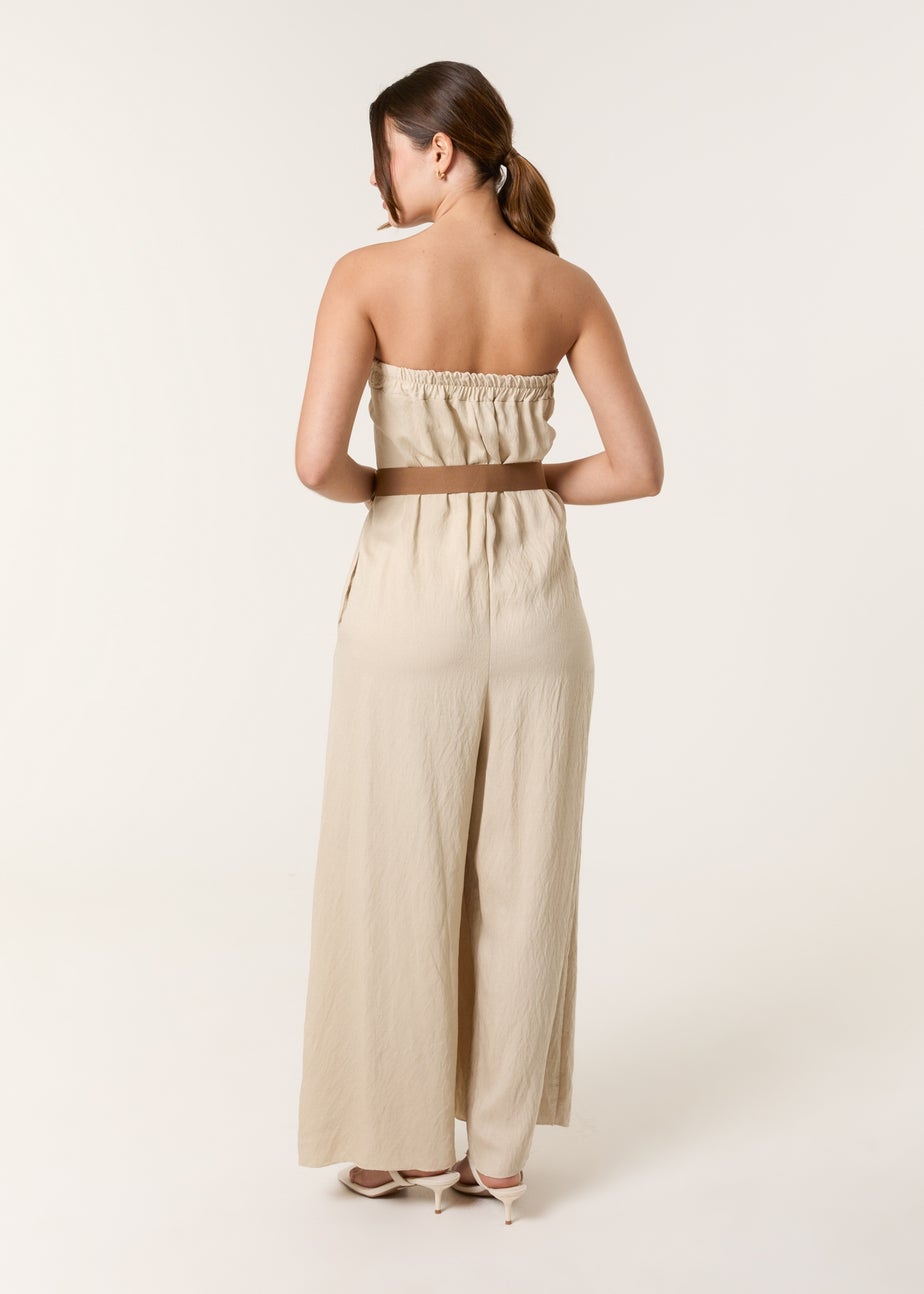 Blue Vanilla Beige Linen Belted Wide Bandeau Jumpsuit