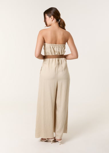 Blue Vanilla Beige Linen Belted Wide Bandeau Jumpsuit