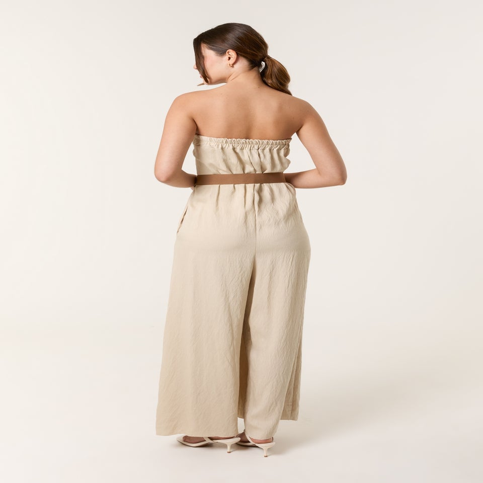 Blue Vanilla Beige Linen Belted Wide Bandeau Jumpsuit