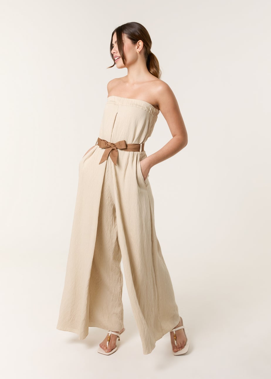 Blue Vanilla Beige Linen Belted Wide Bandeau Jumpsuit