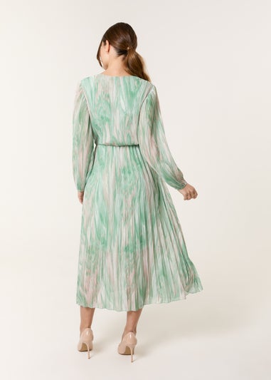 Blue Vanilla Green Watercolour Printed Wrap Pleated Midi Dress