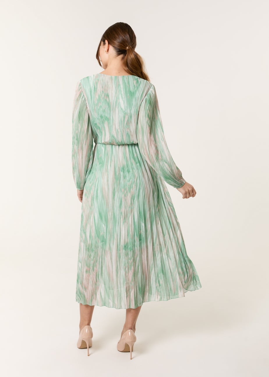 Blue Vanilla Green Watercolour Printed Wrap Pleated Midi Dress