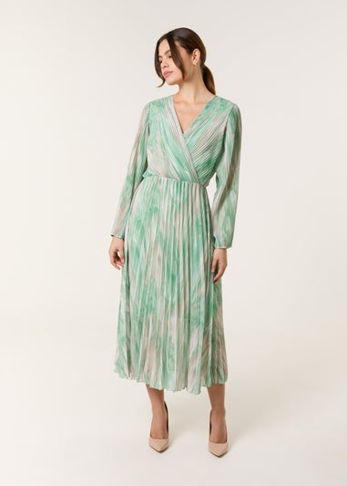 Blue Vanilla Green Watercolour Printed Wrap Pleated Midi Dress