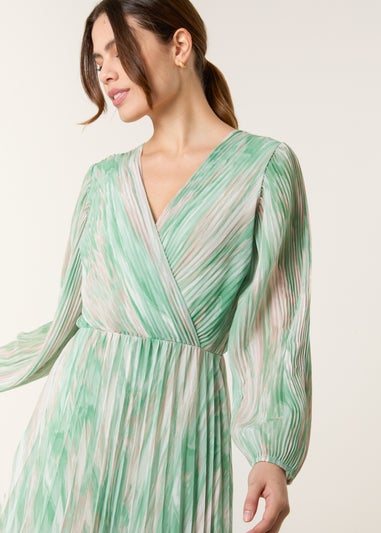 Blue Vanilla Green Watercolour Printed Wrap Pleated Midi Dress