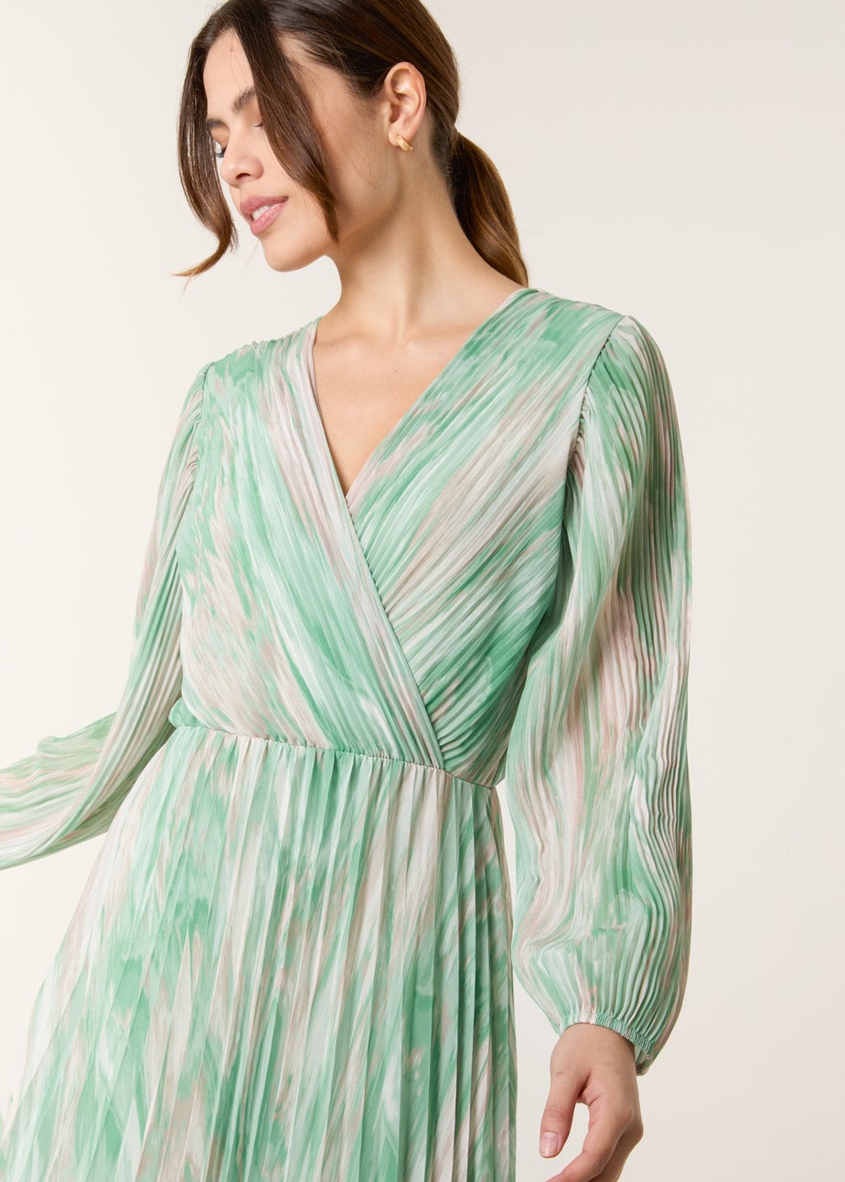 Blue Vanilla Green Watercolour Printed Wrap Pleated Midi Dress