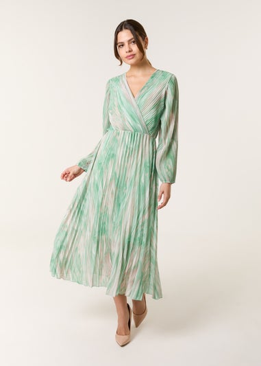 Blue Vanilla Green Watercolour Printed Wrap Pleated Midi Dress