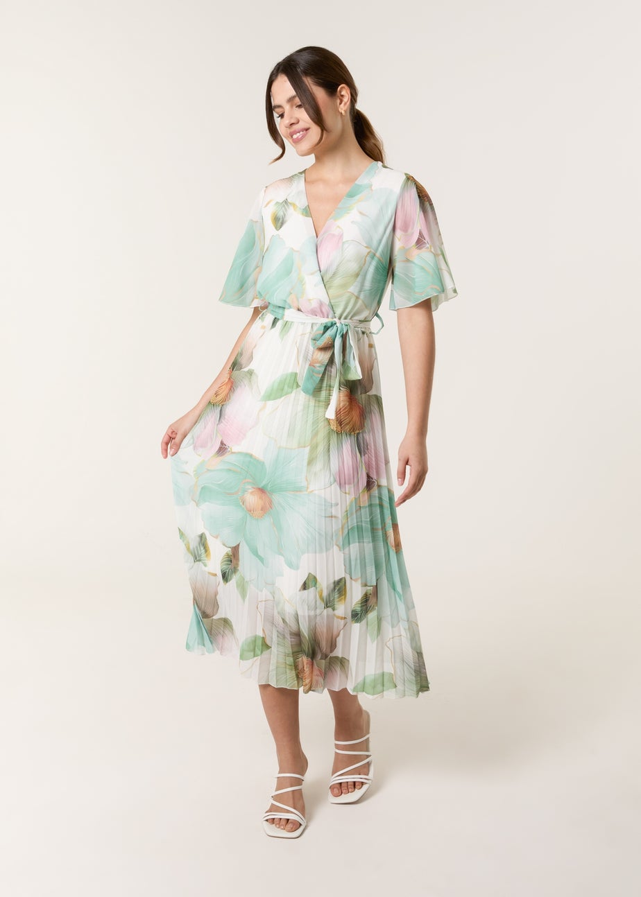 Blue Vanilla Sage Watercolour Floral Printed Wrap Front Pleated Dress