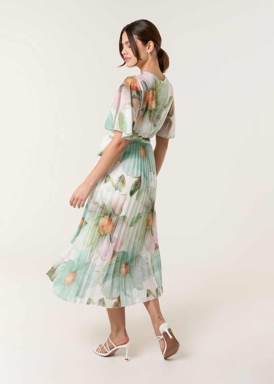 Blue Vanilla Sage Watercolour Floral Printed Wrap Front Pleated Dress