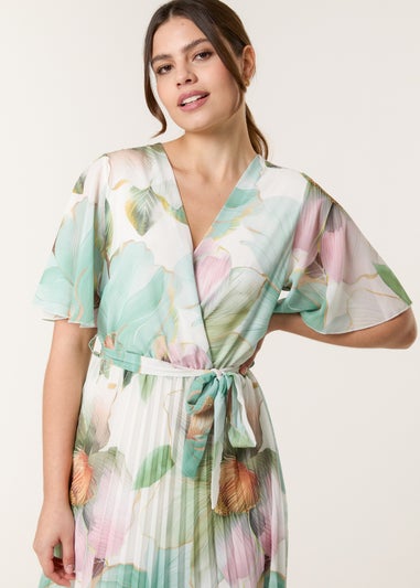 Blue Vanilla Sage Watercolour Floral Printed Wrap Front Pleated Dress