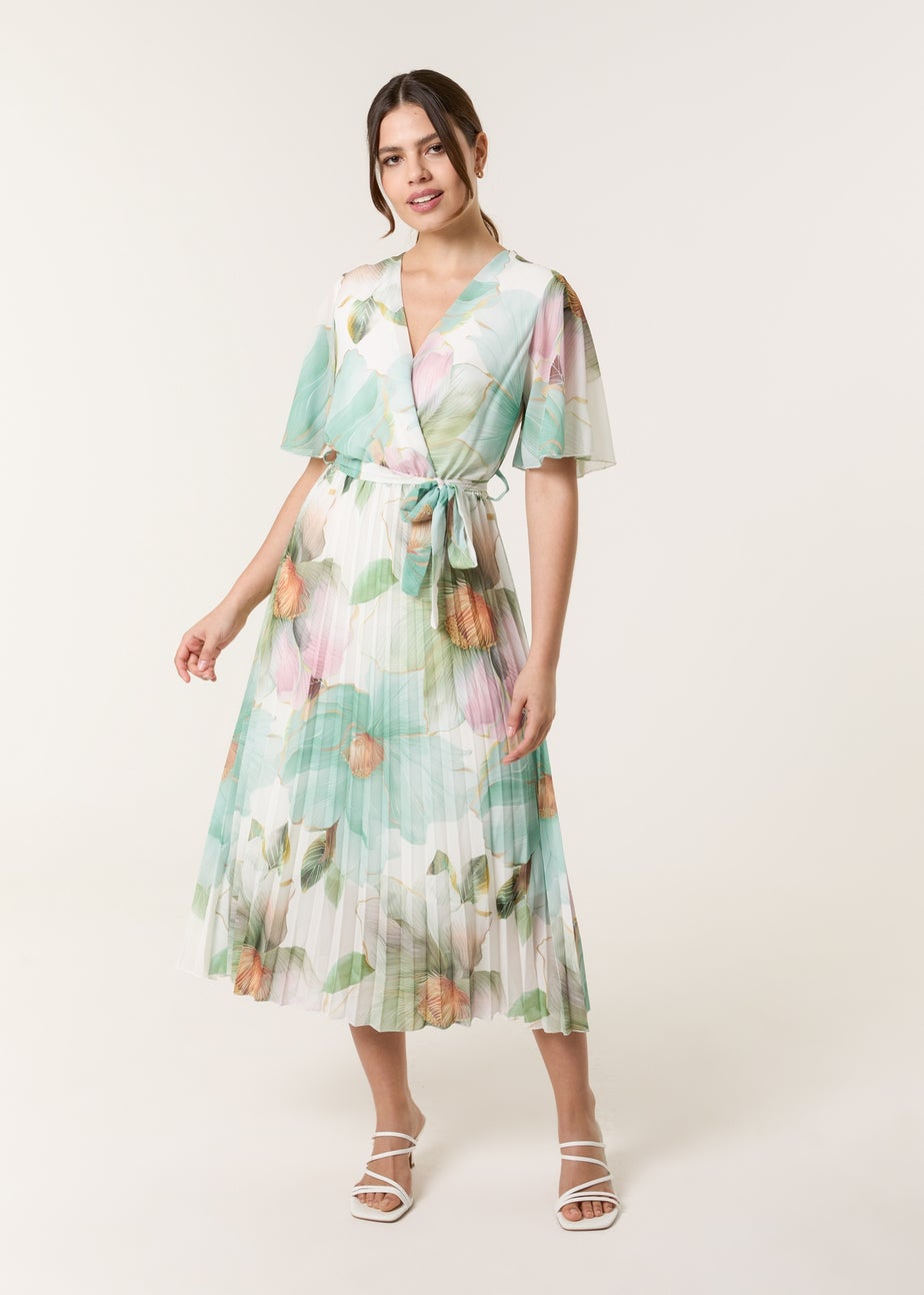 Blue Vanilla Sage Watercolour Floral Printed Wrap Front Pleated Dress