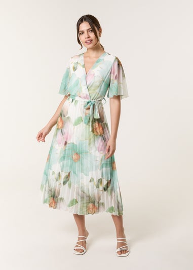 Blue Vanilla Sage Watercolour Floral Printed Wrap Front Pleated Dress