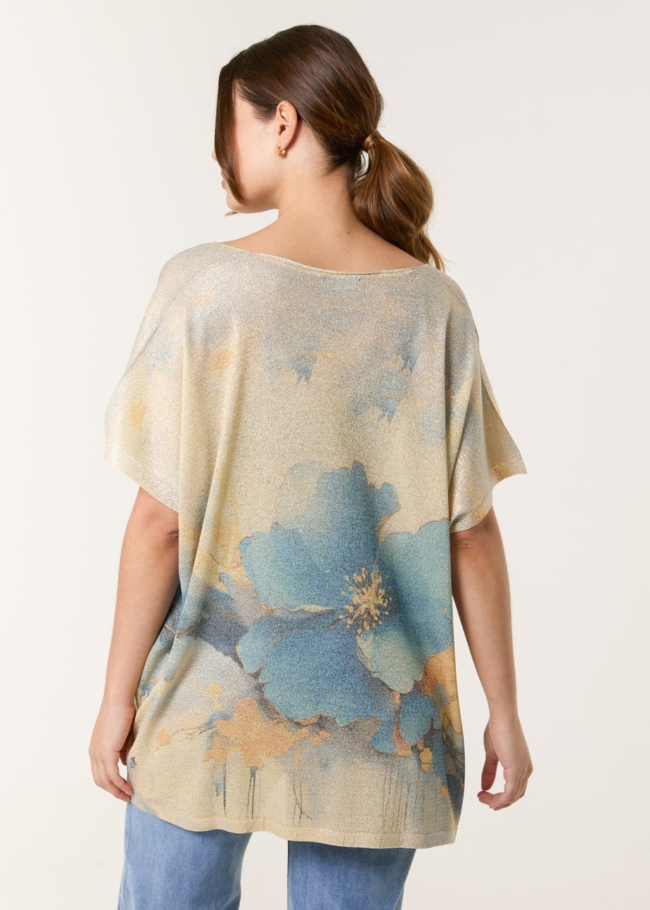 Blue Vanilla Gold Floral Shimmer Print Knitted Top