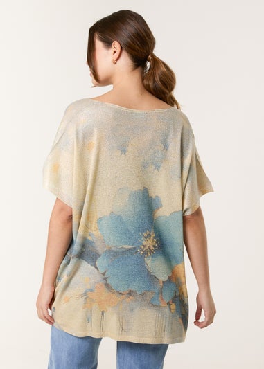 Blue Vanilla Gold Floral Shimmer Print Knitted Top