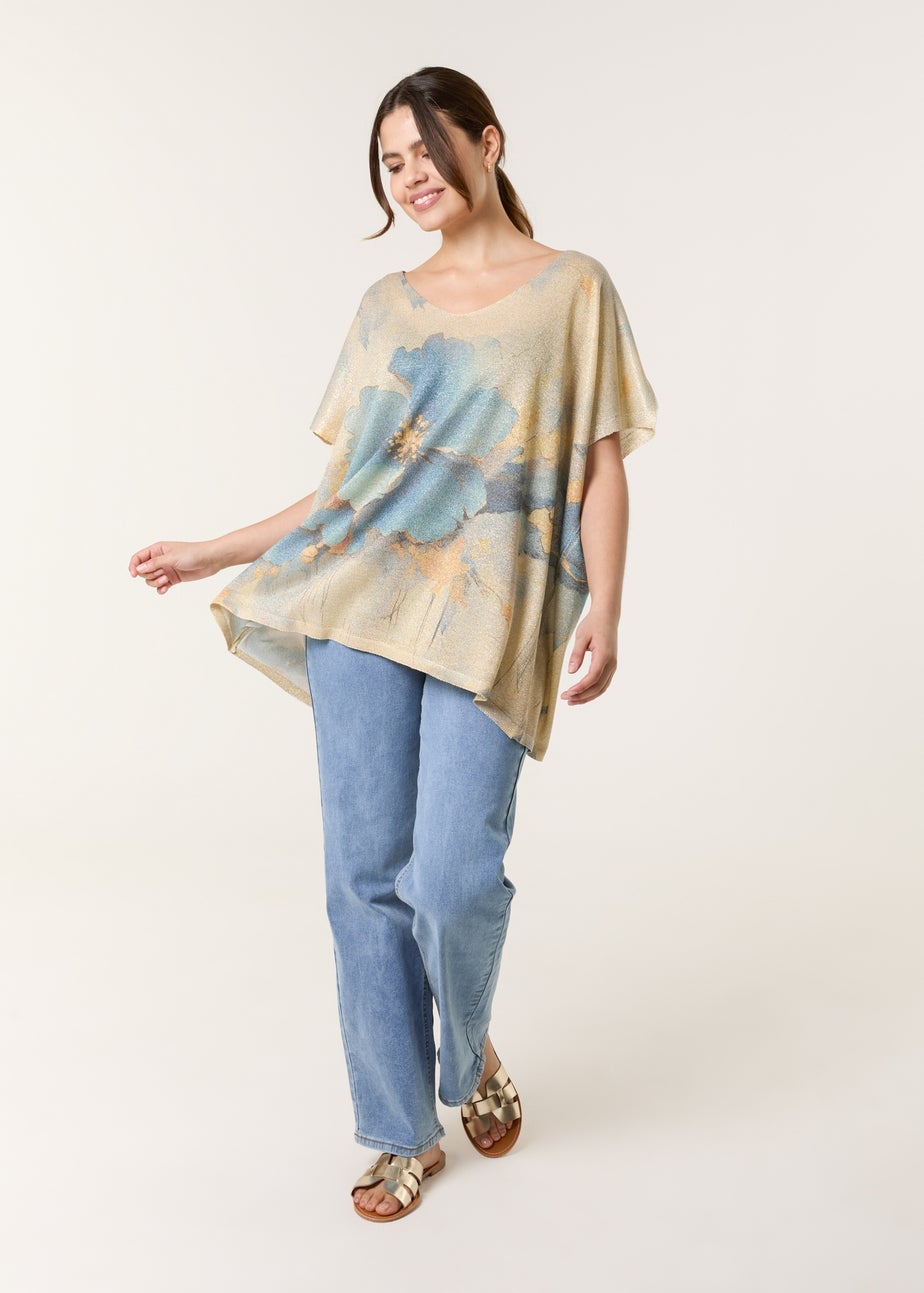 Blue Vanilla Gold Floral Shimmer Print Knitted Top
