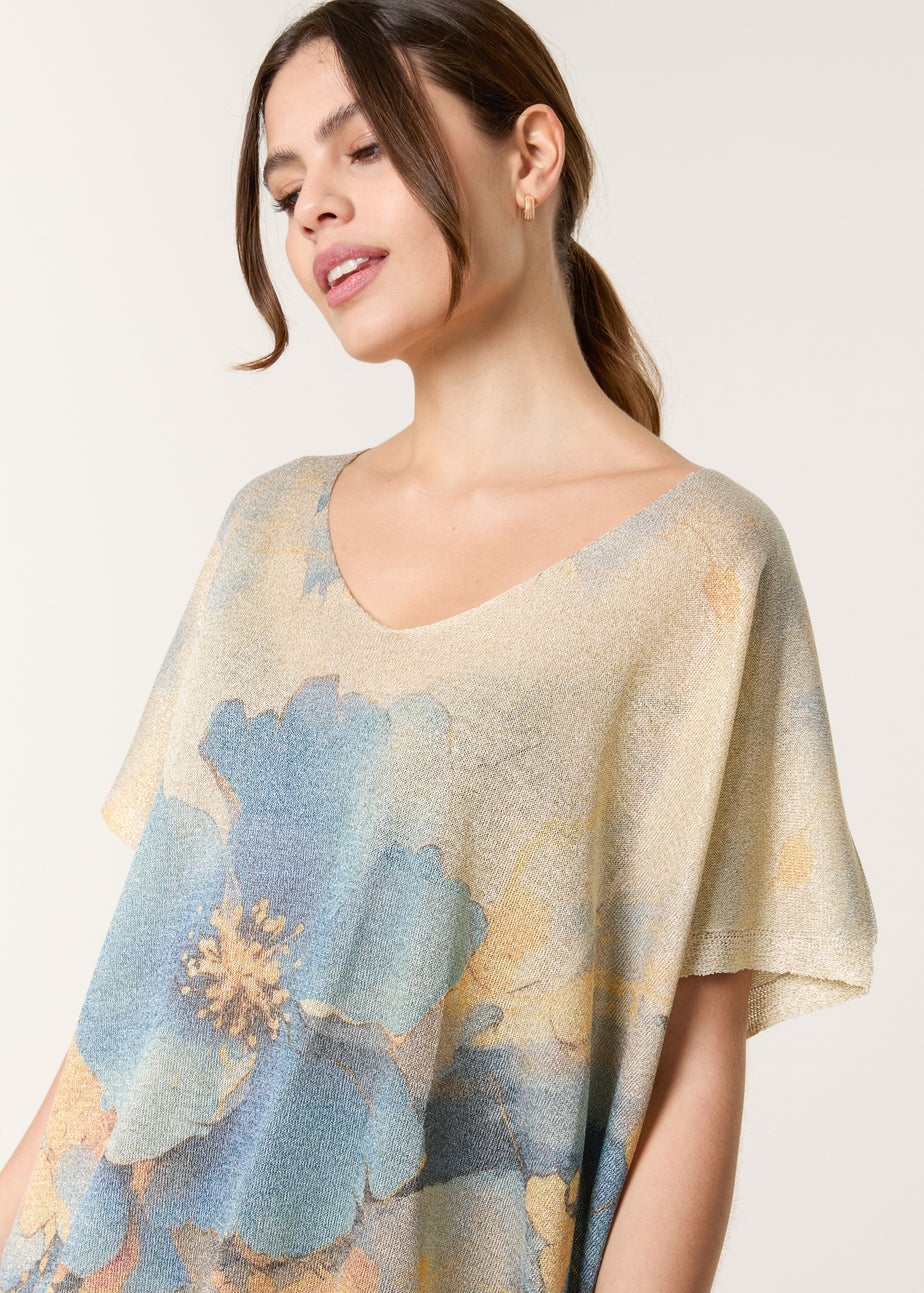 Blue Vanilla Gold Floral Shimmer Print Knitted Top