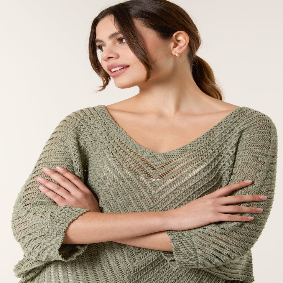 Blue Vanilla Khaki Crochet V Neck Jumper