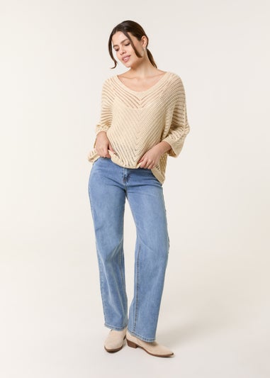 Blue Vanilla Beige Crochet V Neck Jumper