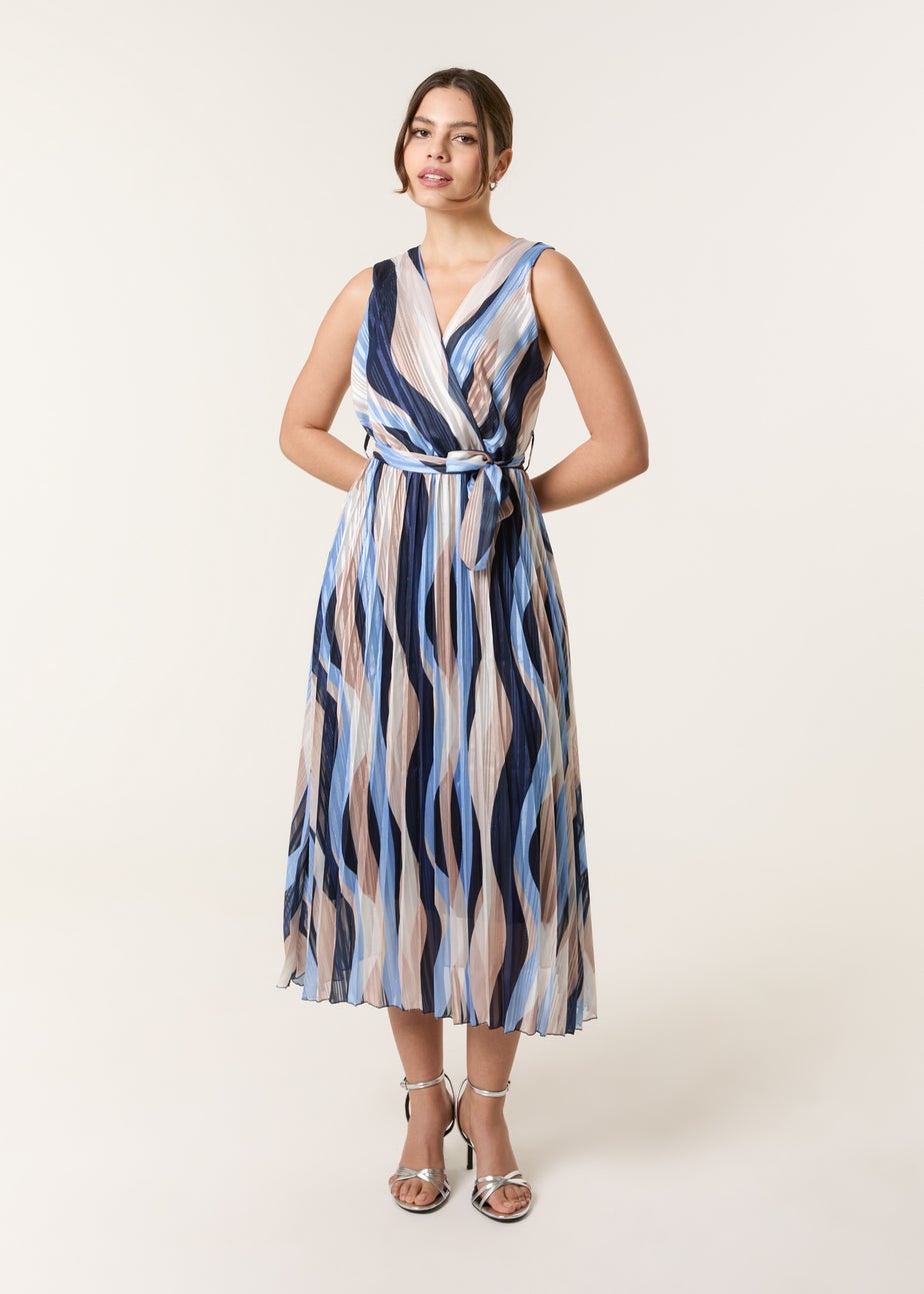 Blue Vanilla Navy Squiggle Print Sleeveless Wrap Pleat Dress