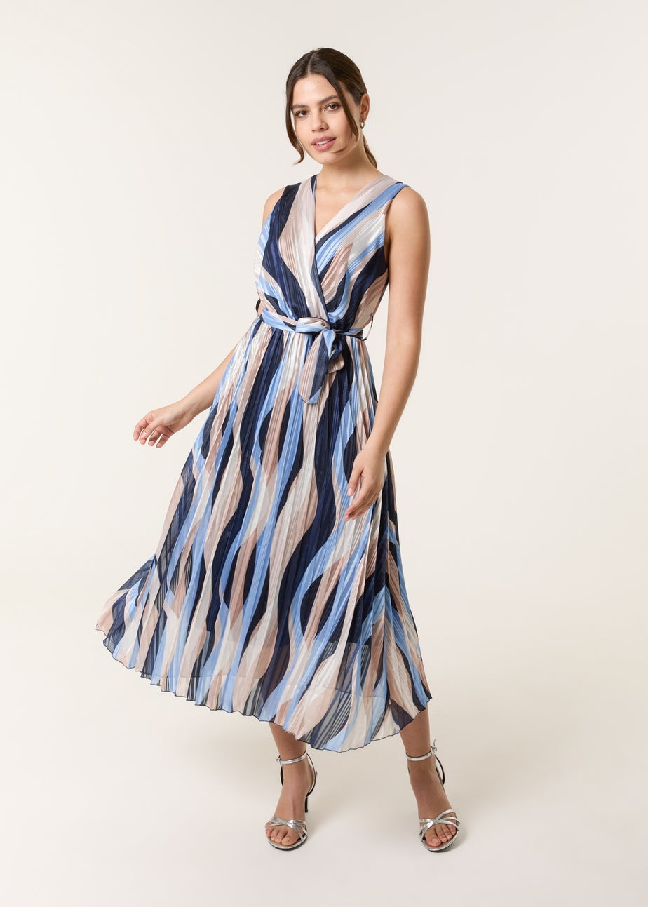 Blue Vanilla Navy Squiggle Print Sleeveless Wrap Pleat Dress