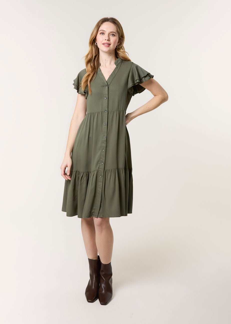 Blue Vanilla Khaki Angel Sleeve Button Front Midi Dress