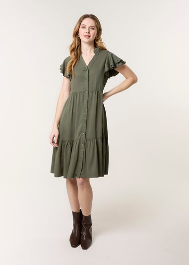 Blue Vanilla Khaki Angel Sleeve Button Front Midi Dress