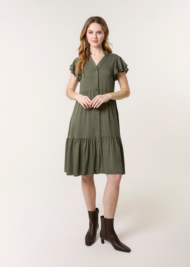 Blue Vanilla Khaki Angel Sleeve Button Front Midi Dress