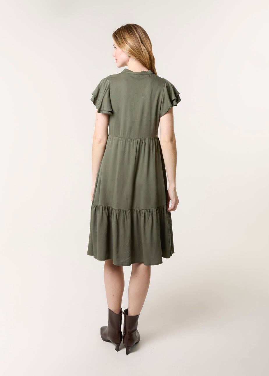 Blue Vanilla Khaki Angel Sleeve Button Front Midi Dress