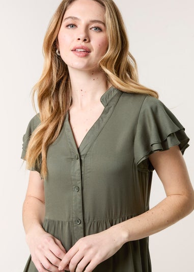 Blue Vanilla Khaki Angel Sleeve Button Front Midi Dress