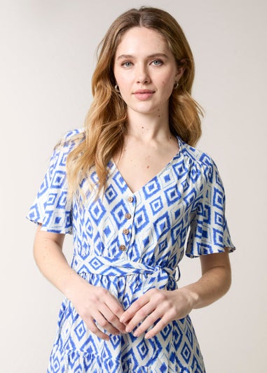 Blue Vanilla Blue Diamond Print Button Front Midi Dress