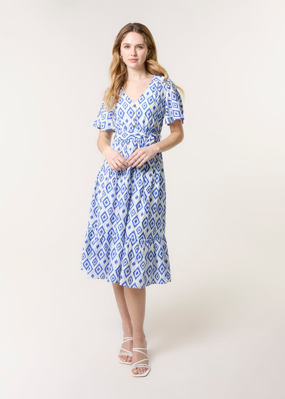 Blue Vanilla Blue Diamond Print Button Front Midi Dress