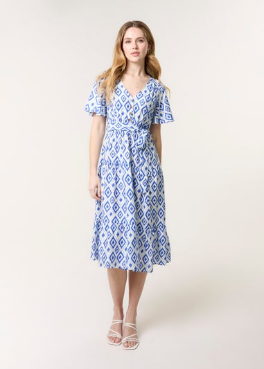 Blue Vanilla Blue Diamond Print Button Front Midi Dress