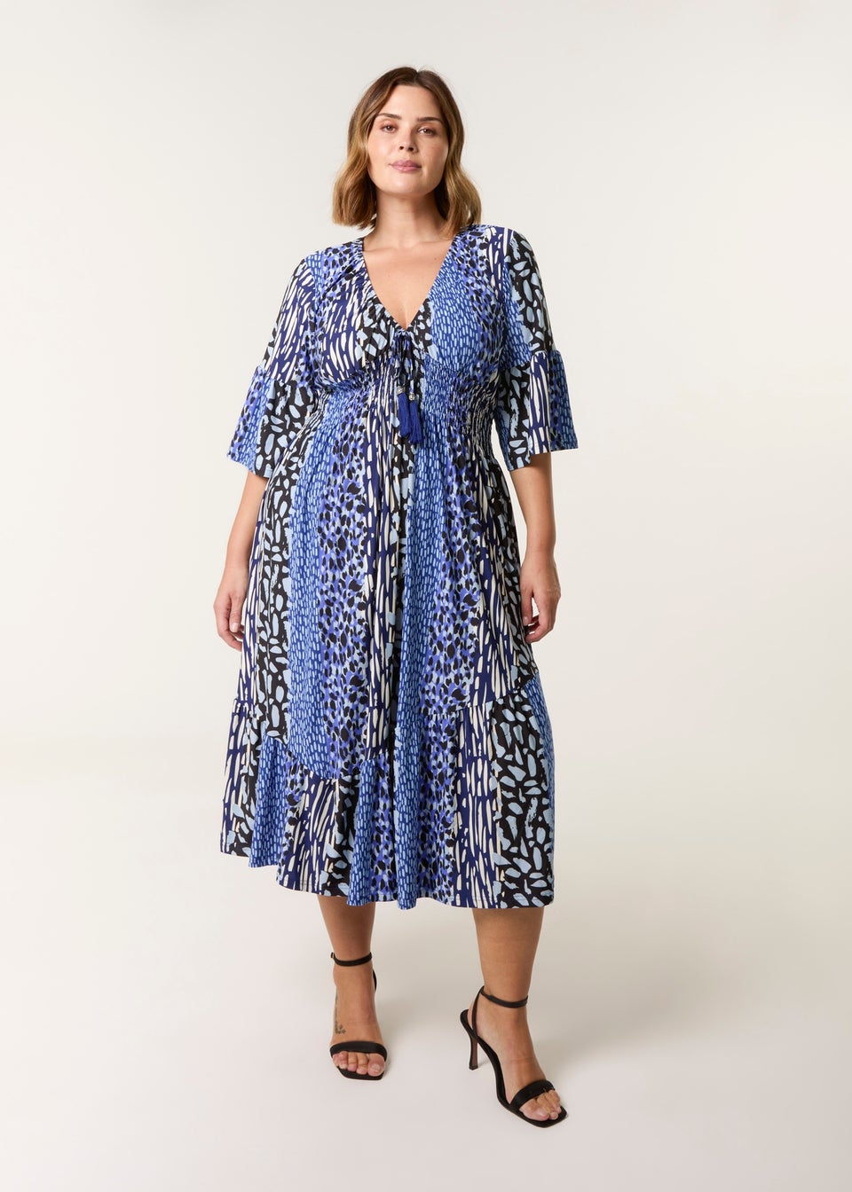 Blue Vanilla Navy Curve Elasticated V Neck Midi Dress