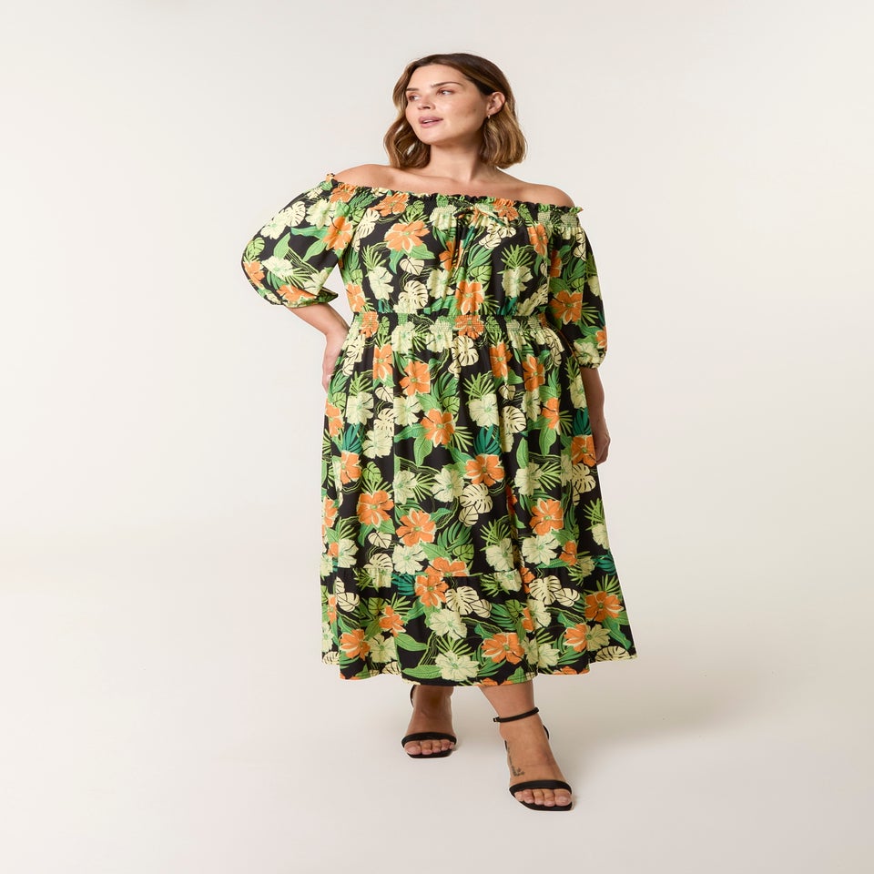 Blue Vanilla Black Curve Bardot Elasticated Midi Dress