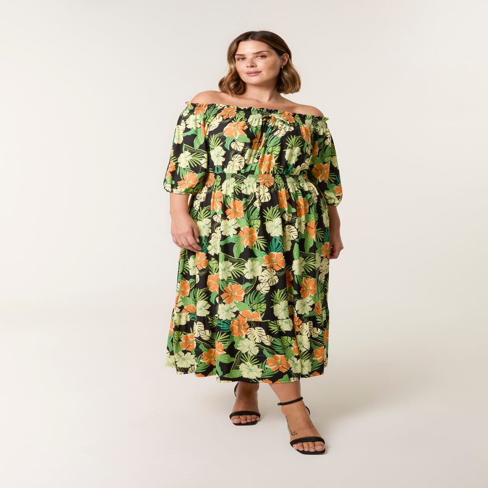 Blue Vanilla Black Curve Bardot Elasticated Midi Dress