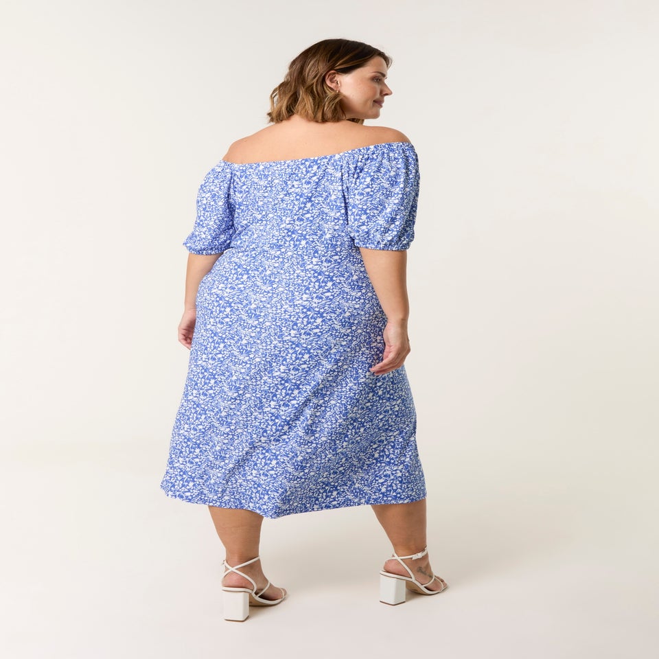 Blue Vanilla Blue Curve Ditsy Print Milkmaid Stretch Crepe Midi Dress