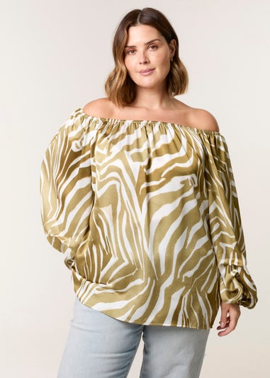 Blue Vanilla Khaki Curve Zebra Satin Ruched Bardot Top