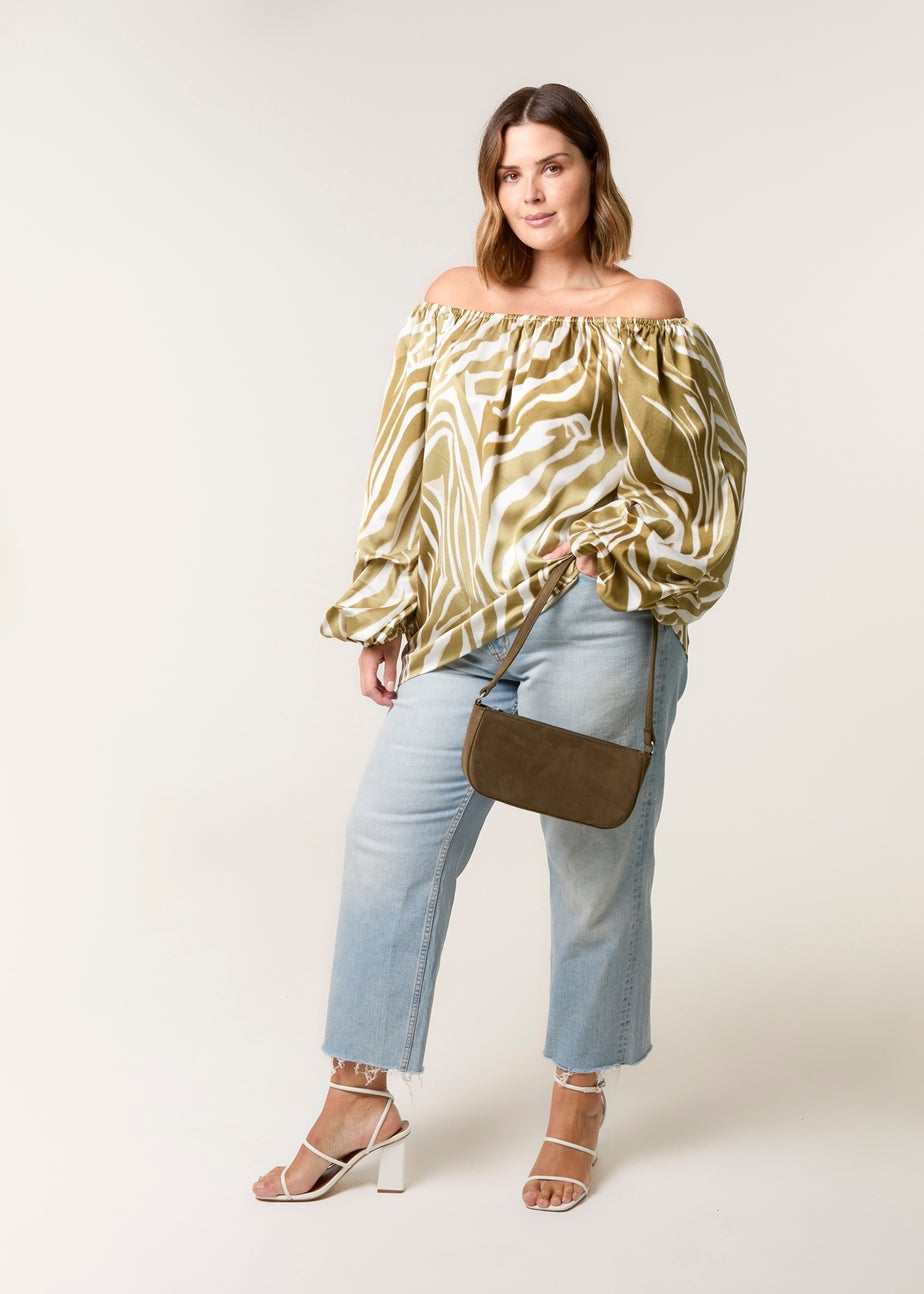 Blue Vanilla Khaki Curve Zebra Satin Ruched Bardot Top