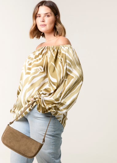 Blue Vanilla Khaki Curve Zebra Satin Ruched Bardot Top